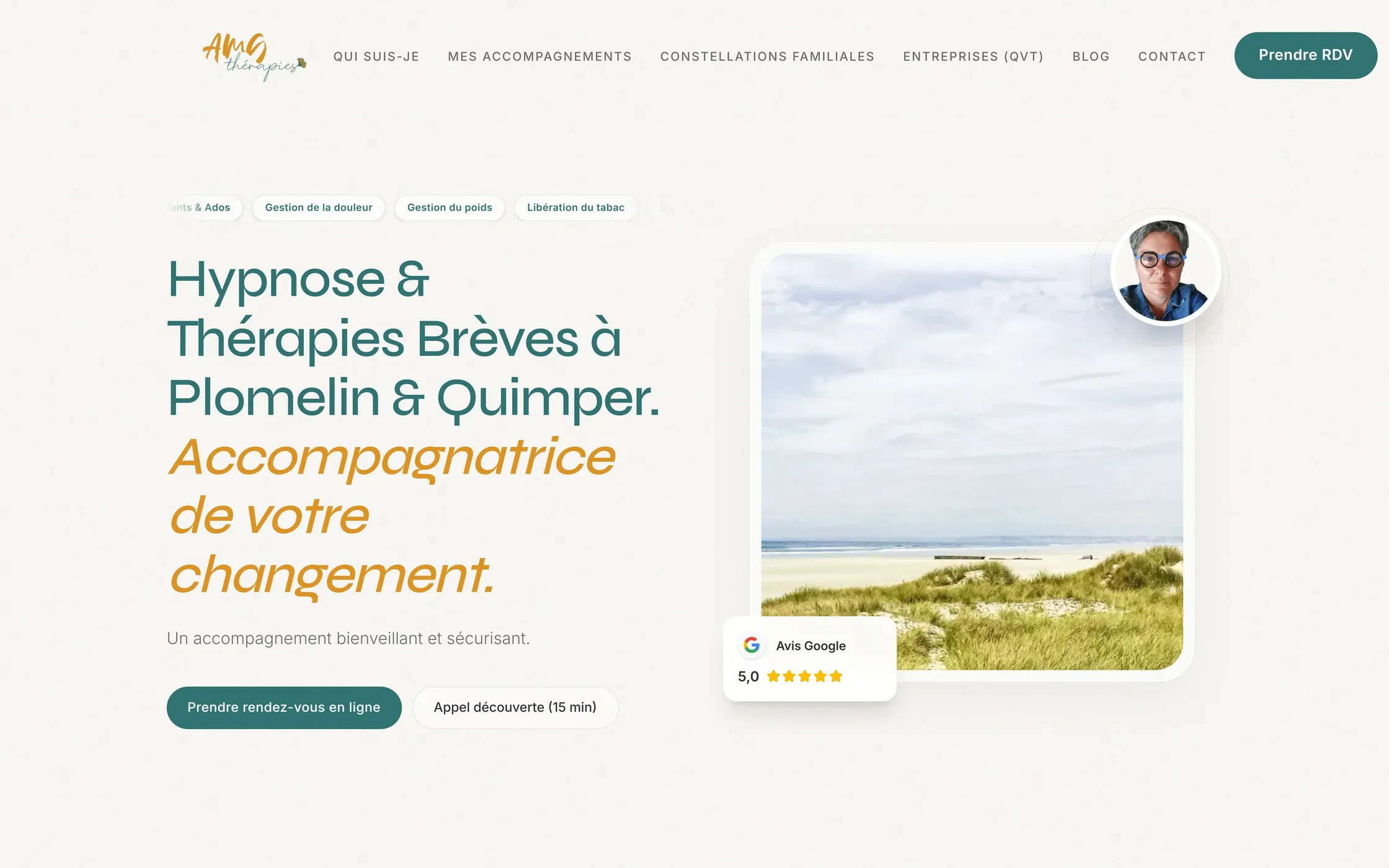 Page d'accueil du site AMG Thérapies : hypnose et thérapies brèves à Plomelin et Quimper