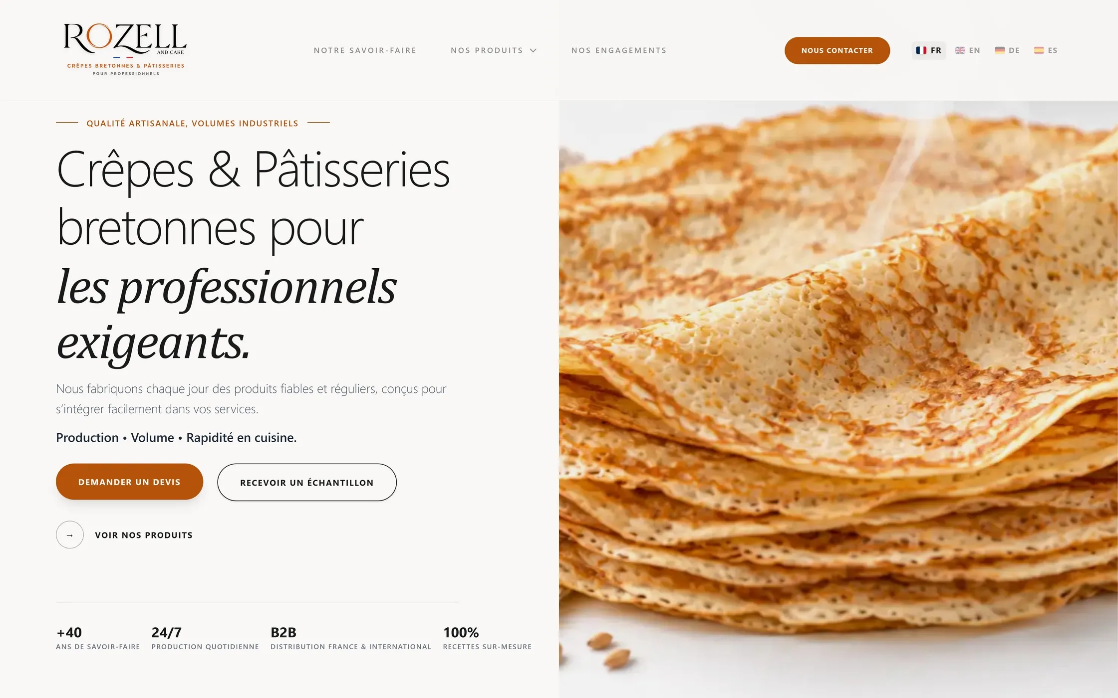 Page d'accueil du site Rozell &amp; Cake : crêpes et pâtisseries bretonnes pour les professionnels